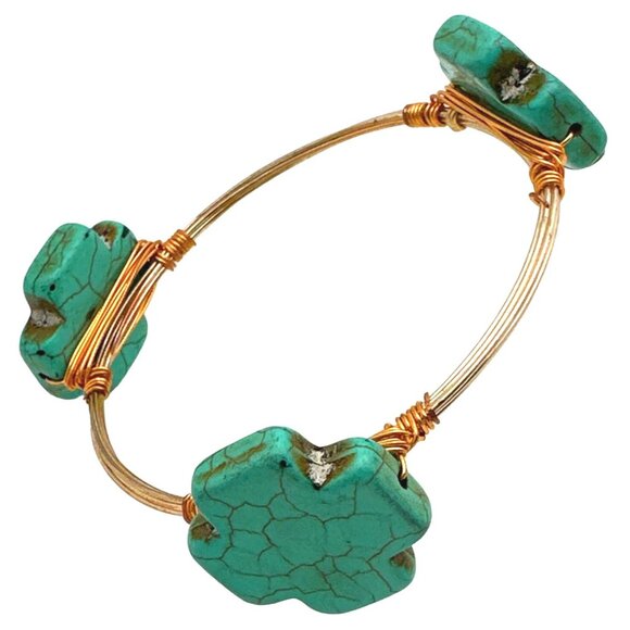 Boho Chic Wire Wrapped Bracelet Blue Cross Howlite Beads Coastal Handcrafted - Picture 3 of 5